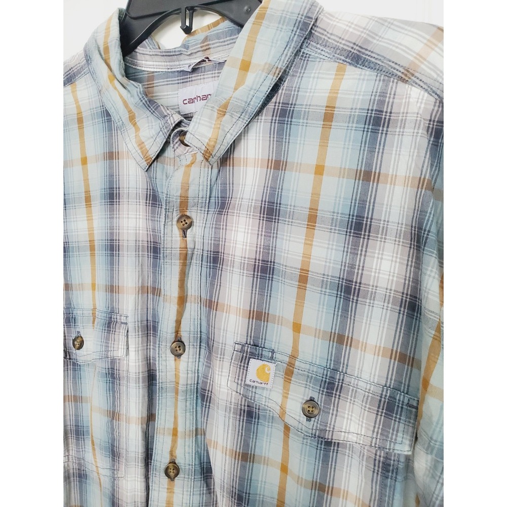 Carhartt Plaid Workwear Heavy Button Down Cotton Shirt Blue Tan Relaxed Fit 2XL